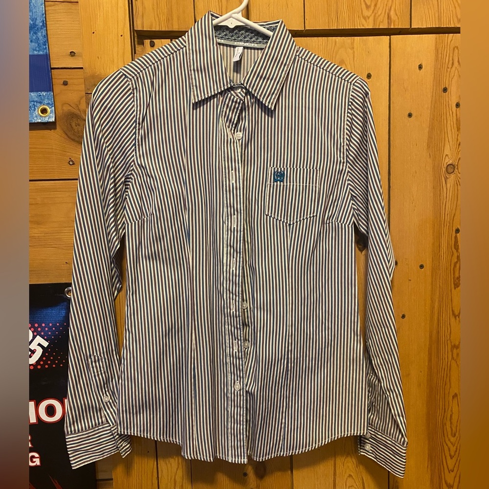 Cinch Men's Navy and White Striped Button Down Shirt